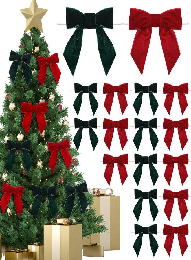 Daifunli 24 Pcs Velvet Christmas Bows for Christmas Tree 4.72" Rustic Crafts Gift Velvet Ribbon Bows Twist Tie Bows for Xmas Wreaths Garland Gift Wrapping Wedding Decor(Red,Green) - Image 1